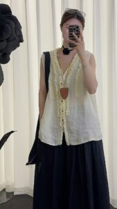 Natural Linen Sleeveless Vest with Double Ruffled V-Neck