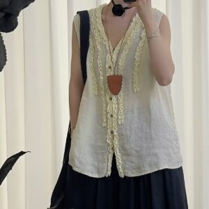Natural Linen Sleeveless Vest with Double Ruffled V-Neck