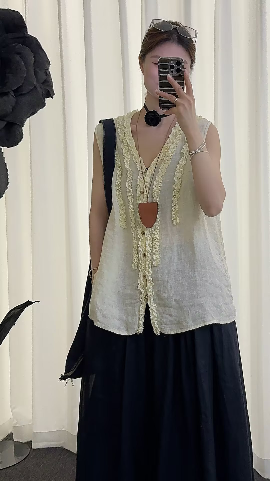 Natural Linen Sleeveless Vest with Double Ruffled V-Neck