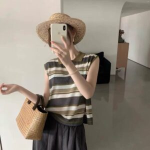 Vintage Color Contrast Stripe Polo Collar Sleeveless Knit Vest