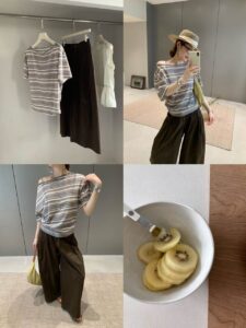 Vintage Brown Stripe One Shoulder Oversized Ruched Short Sleeve T-Shirt