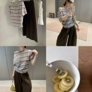 Vintage Brown Stripe One Shoulder Oversized Ruched Short Sleeve T-Shirt