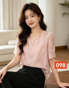 3D New Chinese Floral Embroidery Short Sleeve Top, Crew Neck Irregular Blouse