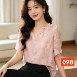 3D New Chinese Floral Embroidery Short Sleeve Top, Crew Neck Irregular Blouse