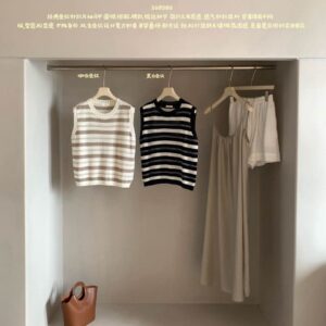 Color Block Horizontal Stripe Hollow Crew Neck Knit Sleeveless Vest
