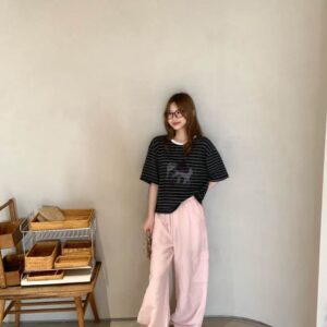 Lazy Style Yarn Striped Elephant Print Versatile Short Sleeve Top