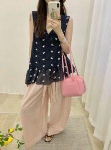 Navy Small Floral Embroidered V-Neck Tie Ruffle Sleeveless Tank Top