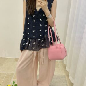 Navy Small Floral Embroidered V-Neck Tie Ruffle Sleeveless Tank Top