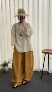 Japanese-Style Round Neck Half-Button 3/4 Sleeve Loose Linen Cover-Up Top