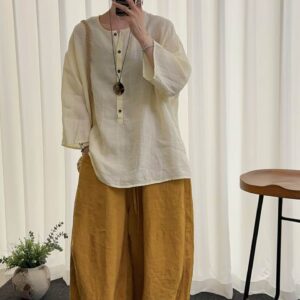 Japanese-Style Round Neck Half-Button 3/4 Sleeve Loose Linen Cover-Up Top