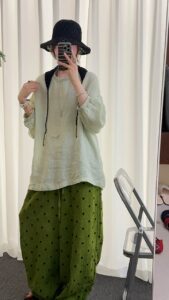 Mint Green Loose Textured Linen Round Neck Lantern Sleeve Lazy Blouse