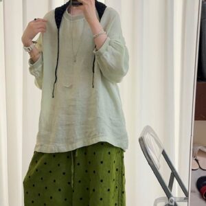 Mint Green Loose Textured Linen Round Neck Lantern Sleeve Lazy Blouse