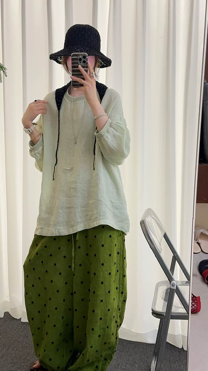 Mint Green Loose Textured Linen Round Neck Lantern Sleeve Lazy Blouse