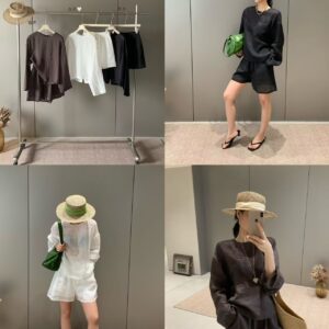 100% Natural Ramie Long Sleeve Top & Shorts Loose Casual 2-Piece Set