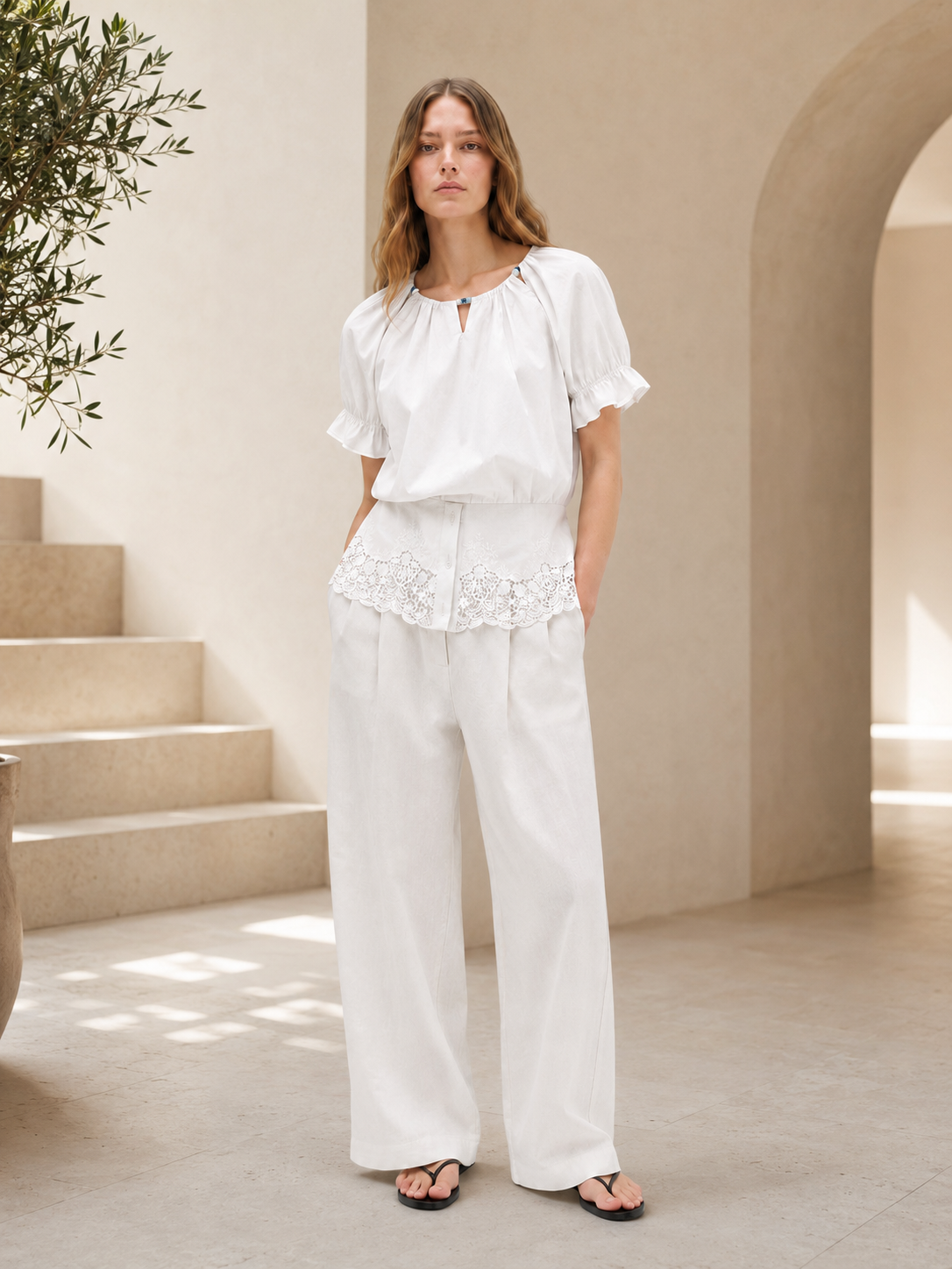 Gentle Drawstring Shoulder V-Neck Blouse with Spliced Embroidery Ruffle Short Sleeves