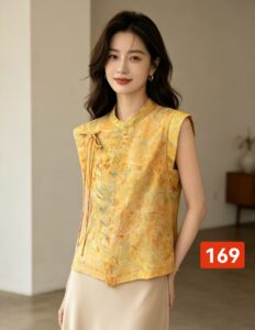 New Chinese Jacquard Sleeveless Waistcoat, Asymmetric Front Tie Oriental Top