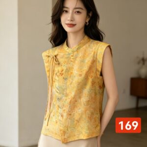 New Chinese Jacquard Sleeveless Waistcoat, Asymmetric Front Tie Oriental Top