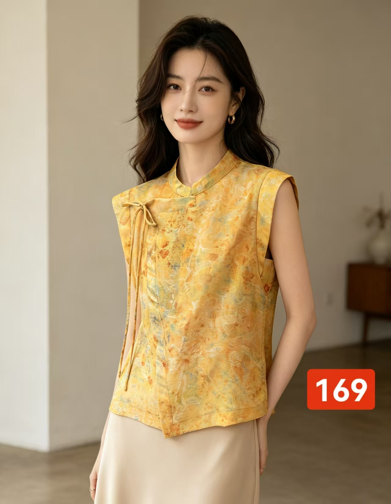 New Chinese Jacquard Sleeveless Waistcoat, Asymmetric Front Tie Oriental Top