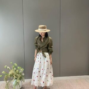 3D Color Floral Embroidery Midi Skirt, Slimming Versatile Elegant Long Skirt