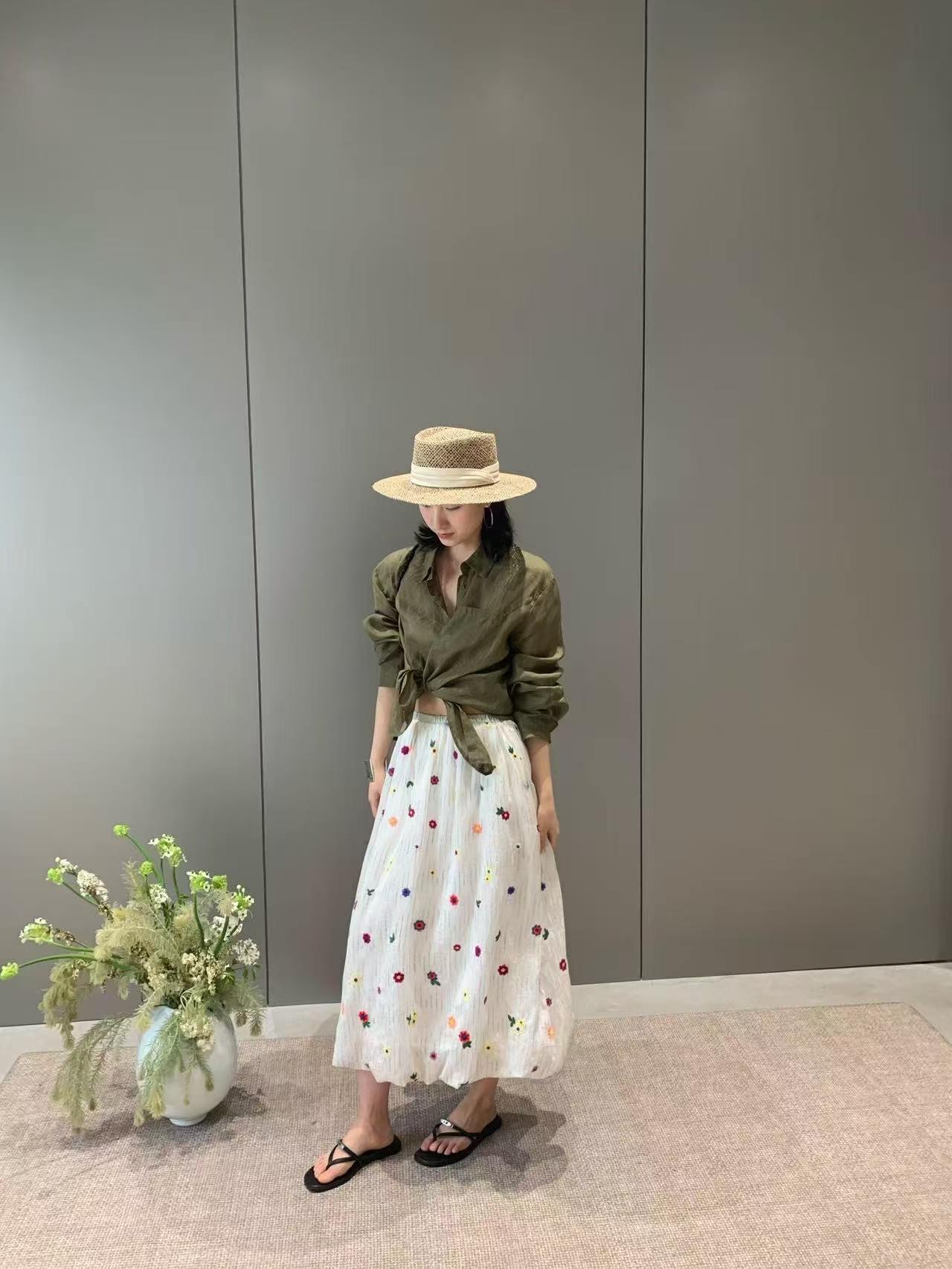 3D Color Floral Embroidery Midi Skirt, Slimming Versatile Elegant Long Skirt