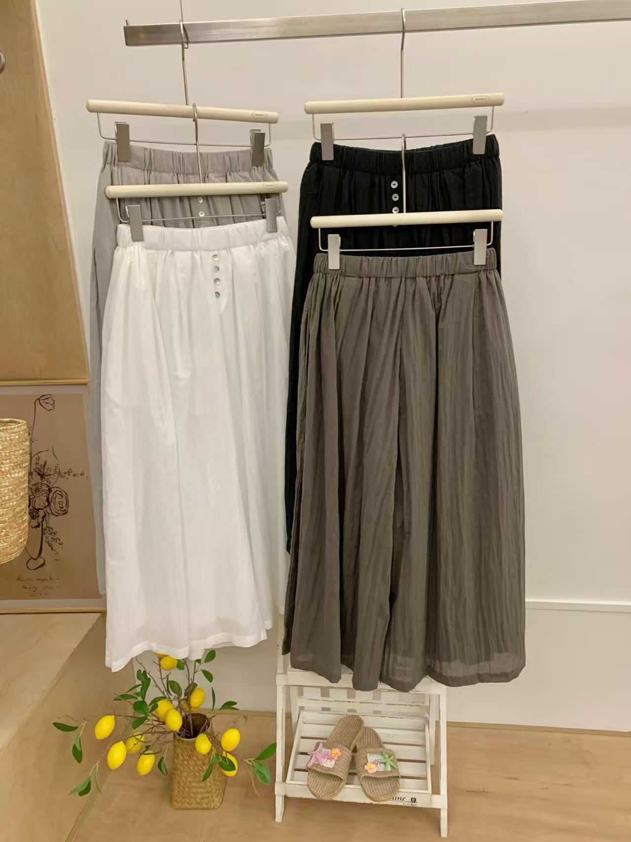 French Retro Linen-Cotton Button Placket Pleated Casual Wide Leg Pants