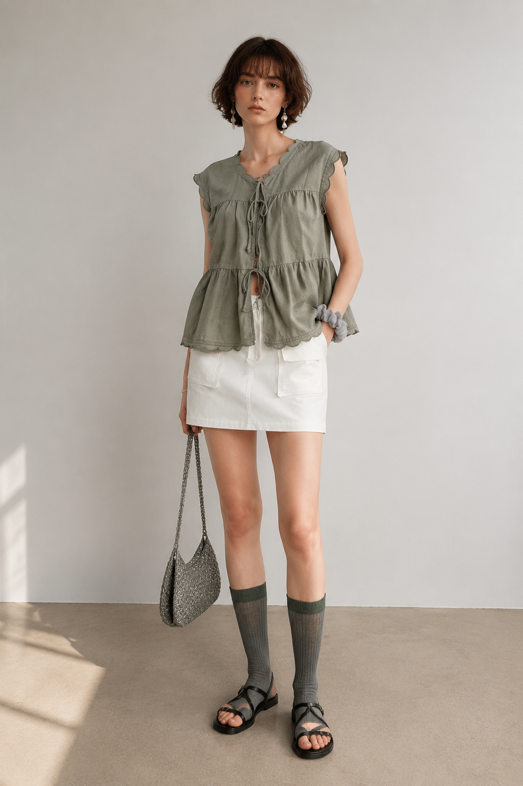 Natural Linen Sleeveless Babydoll Top with Wave Ruffles & Tie Detail