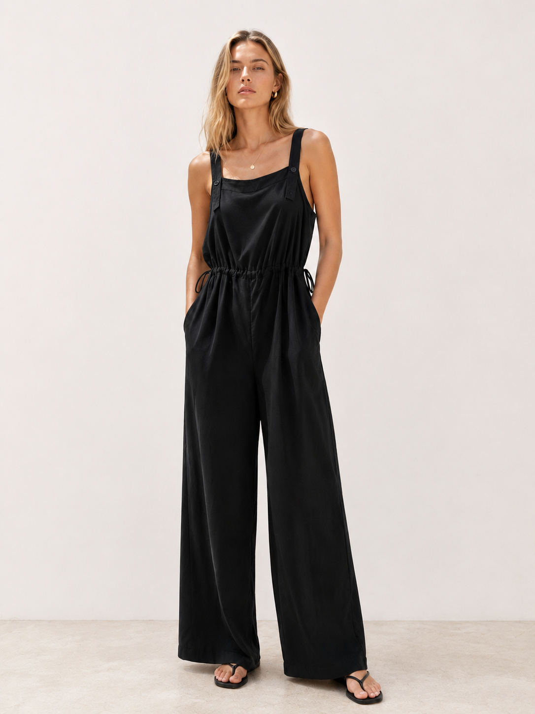 Black Square Neck Drawstring Waist Cami Wide Leg Jumpsuit