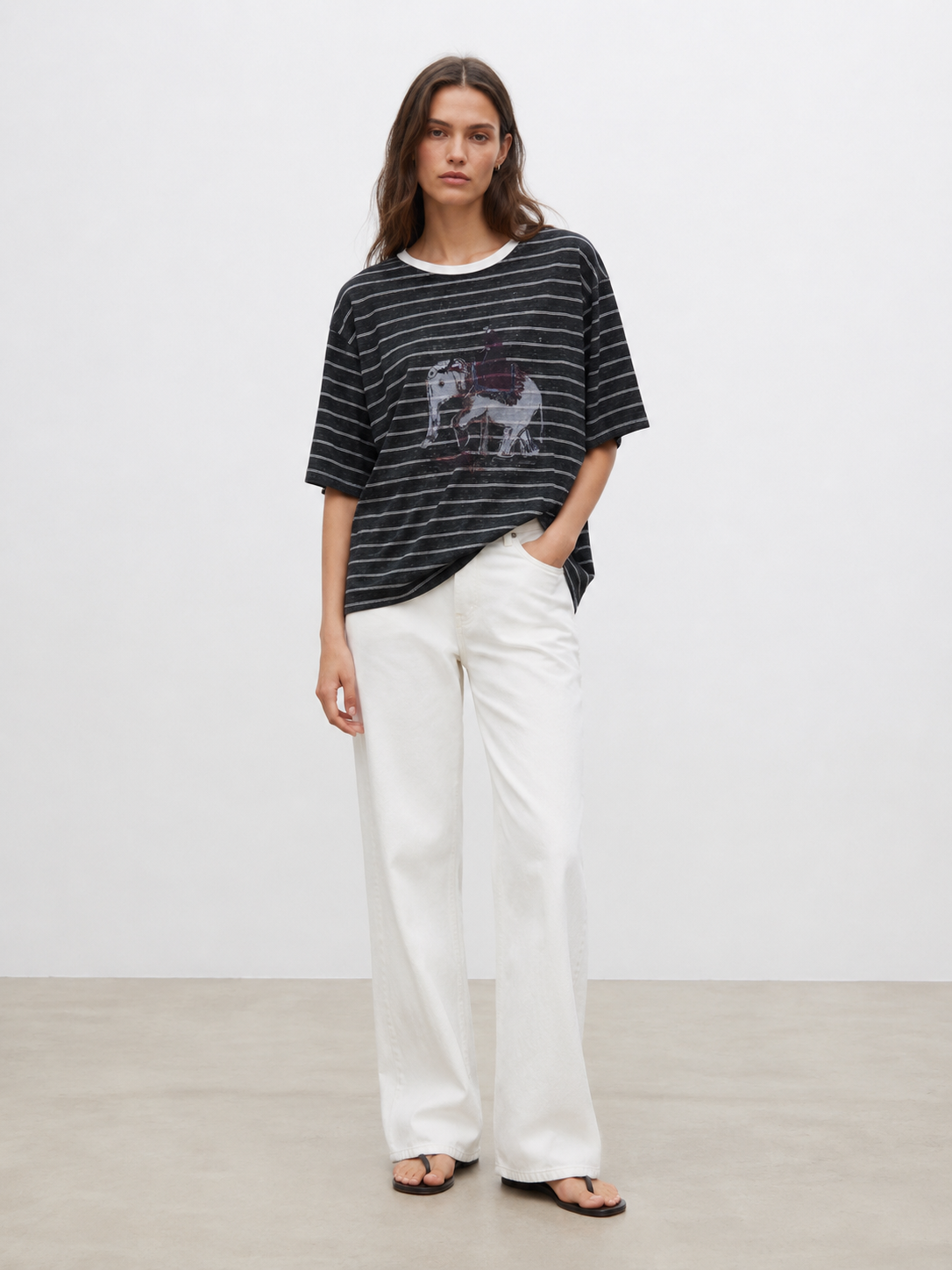 Lazy Style Yarn Striped Elephant Print Versatile Short Sleeve Top