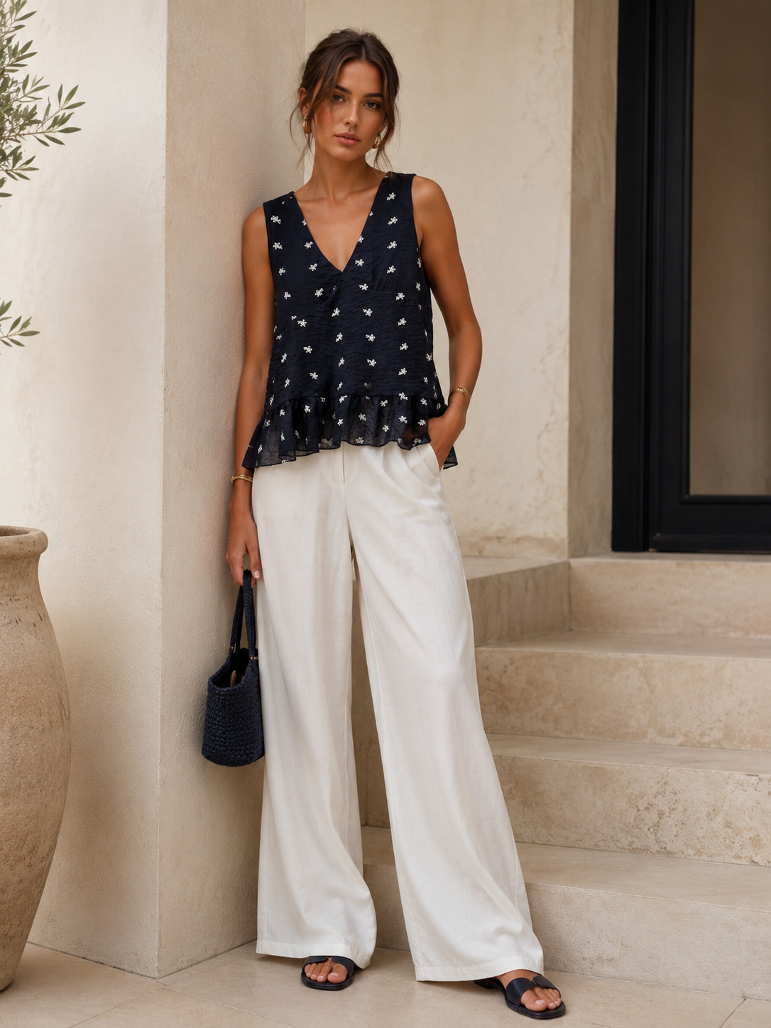 Navy Small Floral Embroidered V-Neck Tie Ruffle Sleeveless Tank Top