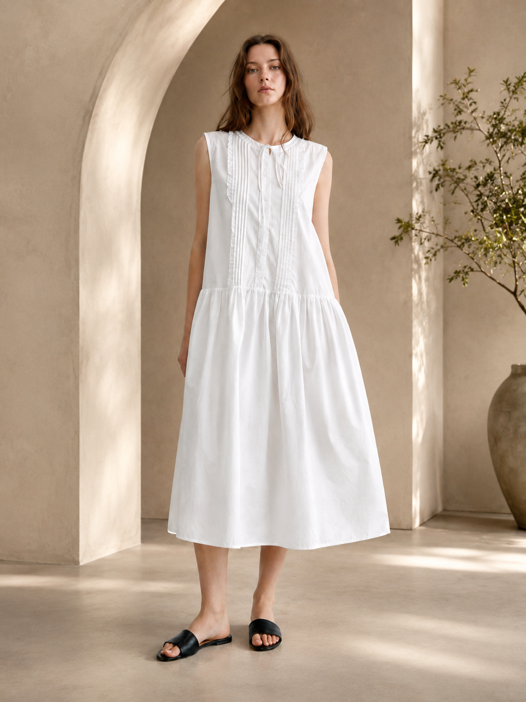 Sleeveless Soft Dress, Minimal Lazy Style Casual Tank Midi Dress