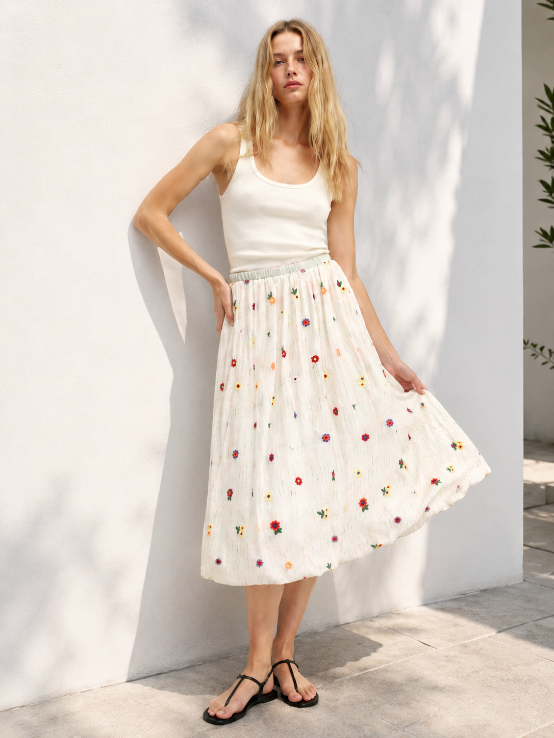 3D Color Floral Embroidery Midi Skirt, Slimming Versatile Elegant Long Skirt