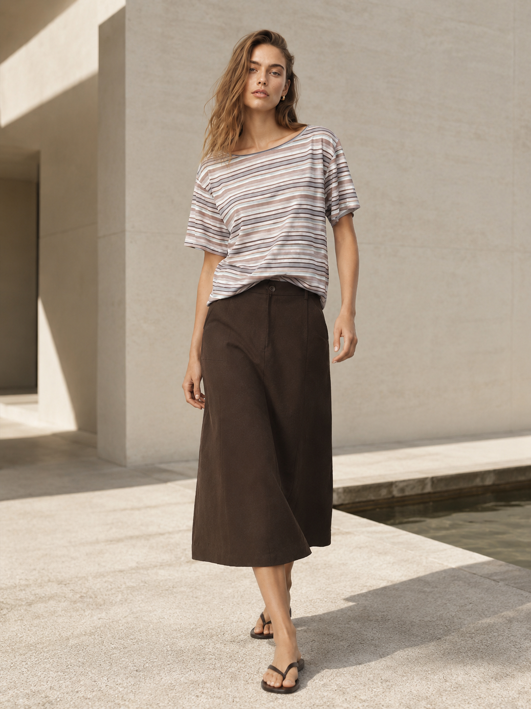 Vintage Brown Stripe One Shoulder Oversized Ruched Short Sleeve T-Shirt