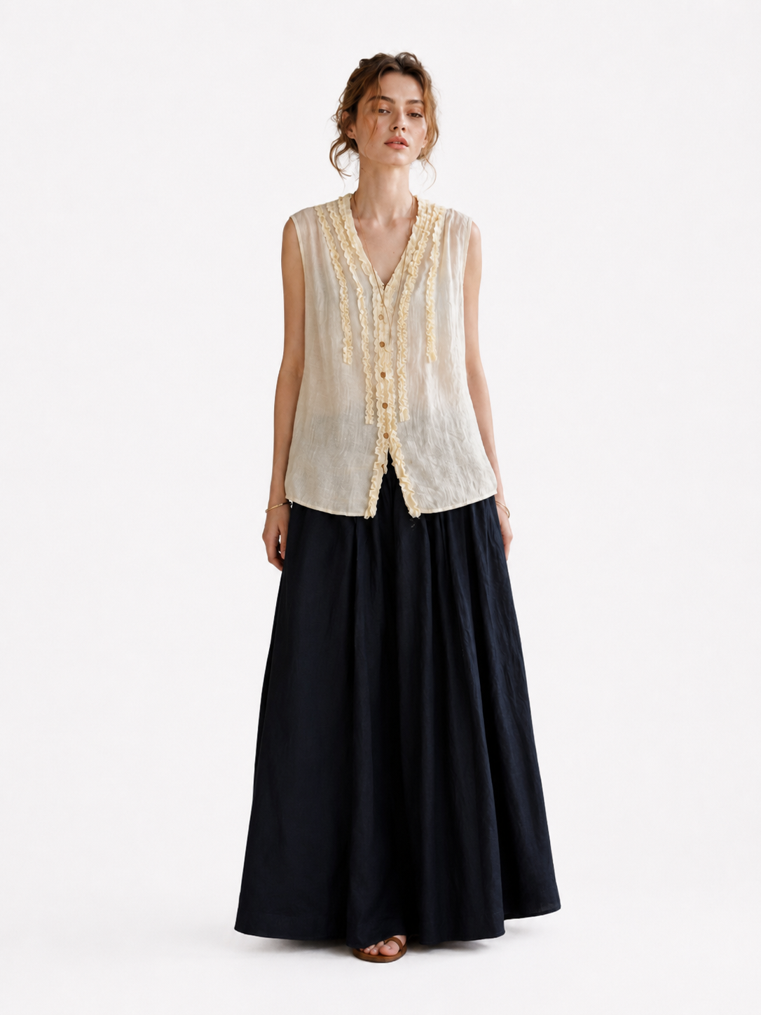 Natural Linen Sleeveless Vest with Double Ruffled V-Neck