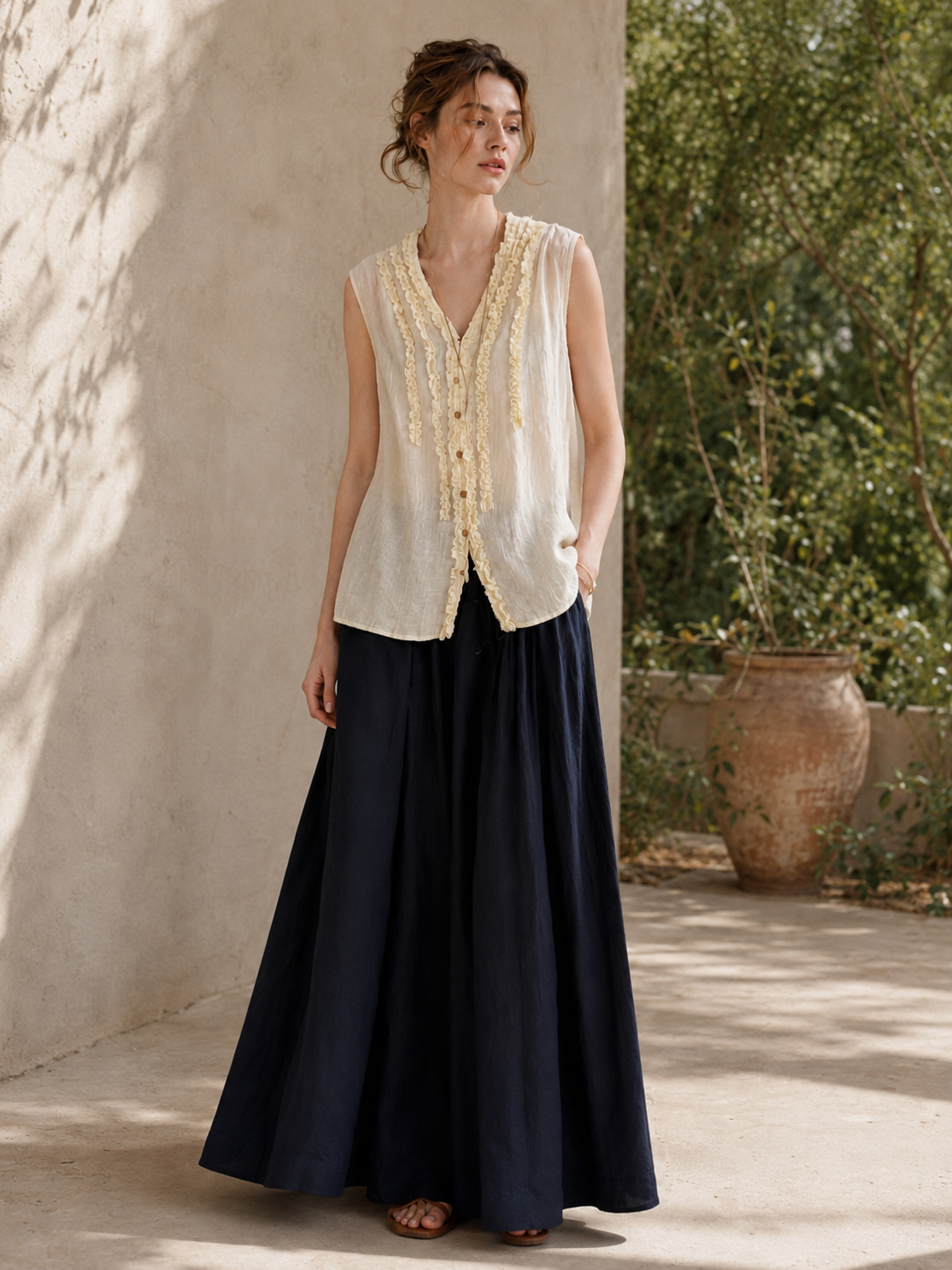 Natural Linen Sleeveless Vest with Double Ruffled V-Neck