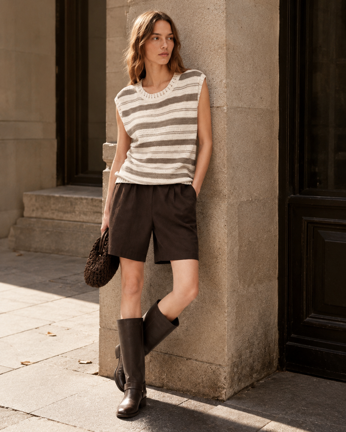 Color Block Horizontal Stripe Hollow Crew Neck Knit Sleeveless Vest