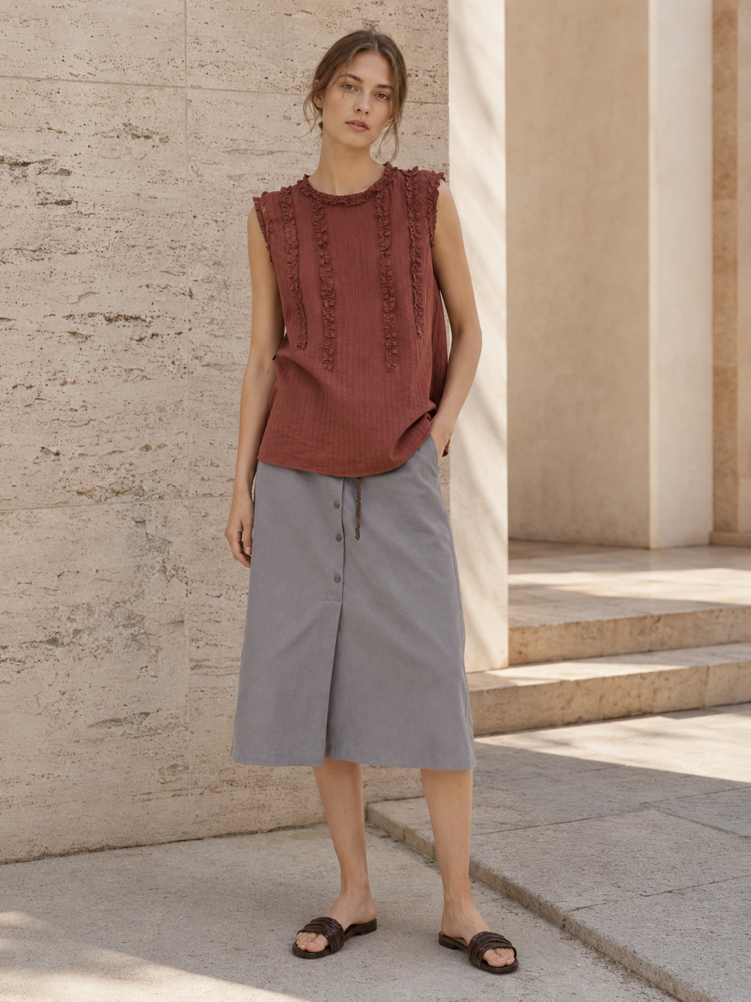 Textured Raw Edge Ruched Sleeveless A-line Tank Blouse