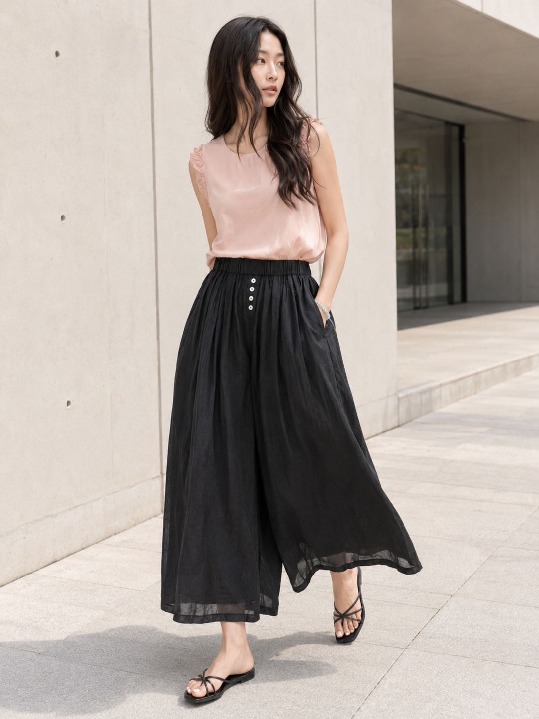 French Retro Linen-Cotton Button Placket Pleated Casual Wide Leg Pants