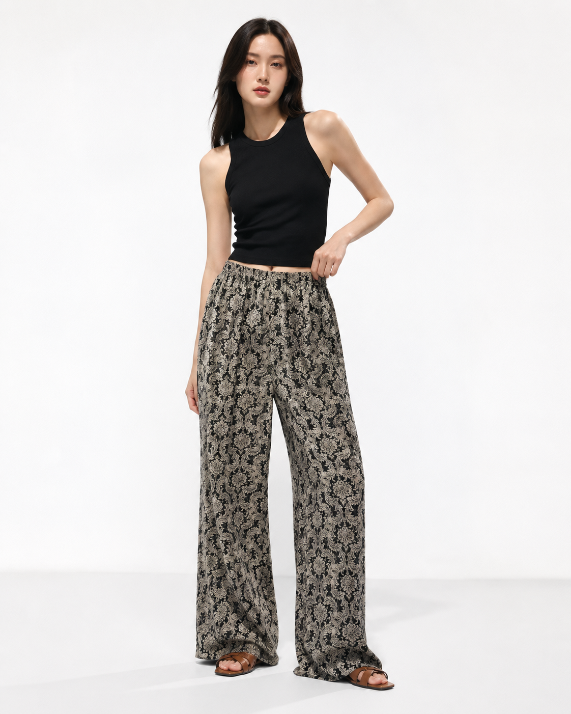 Vintage Baroque Print Draped Lazy Casual Wide Leg Pants