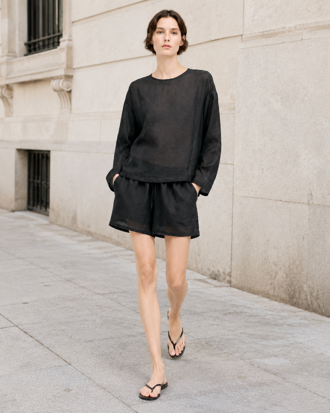100% Natural Ramie Long Sleeve Top & Shorts Loose Casual 2-Piece Set