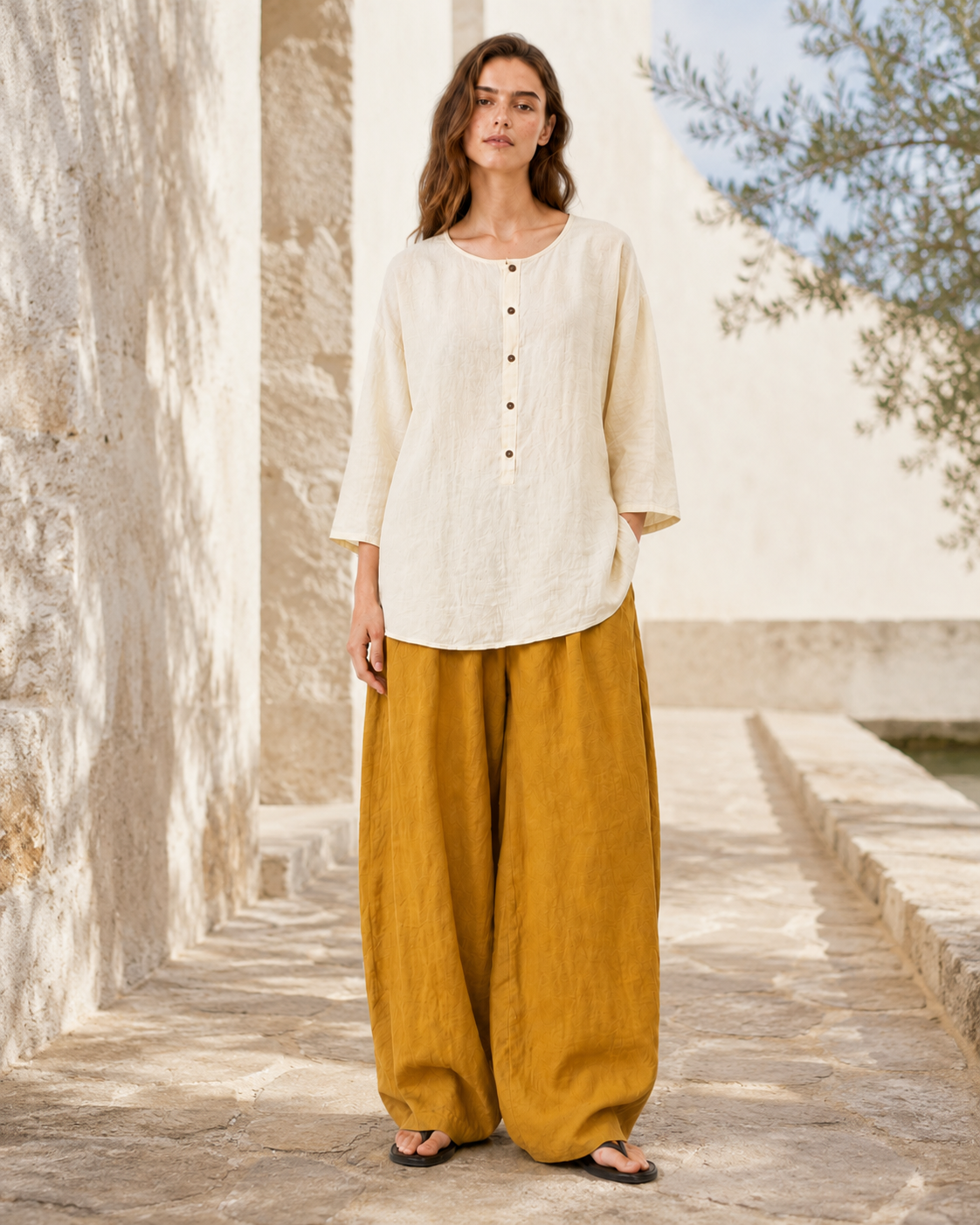Japanese-Style Round Neck Half-Button 3/4 Sleeve Loose Linen Cover-Up Top