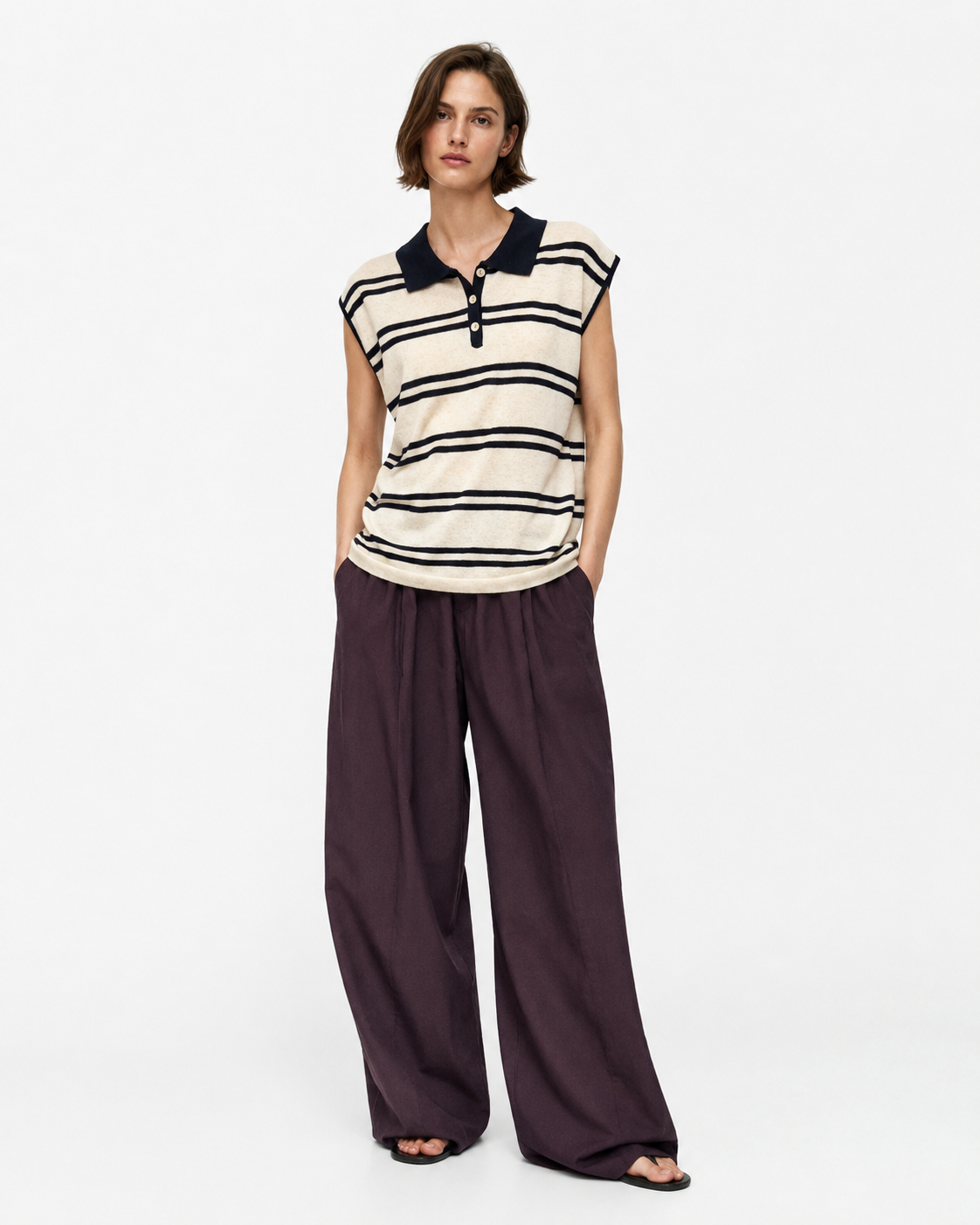 Color Contrast Polo Collar Horizontal Stripe Sleeveless Knit Waistcoat