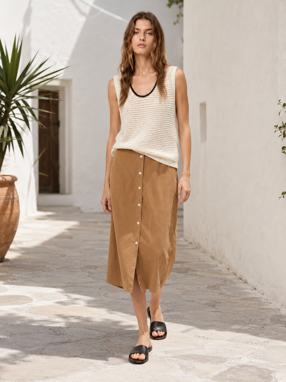 Color Contrast U-Neck Hollow Textured Knit Sleeveless Tank Top