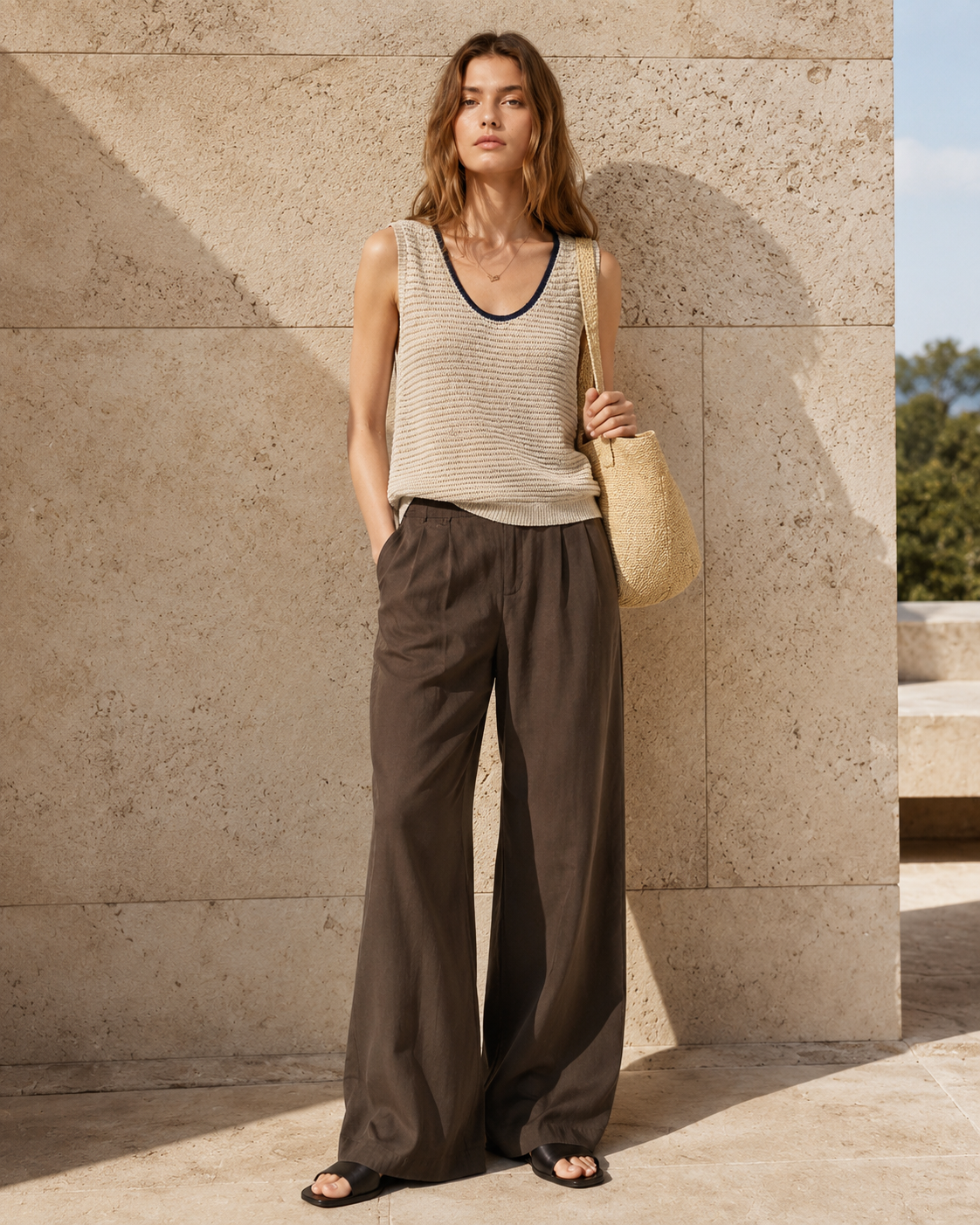 Color Contrast U-Neck Hollow Textured Knit Sleeveless Tank Top