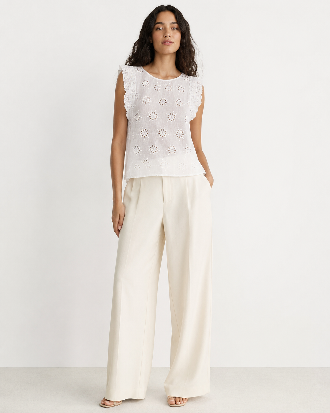Hollow-out Sunflower Embroidered Lace Flutter Sleeve Sleeveless Top