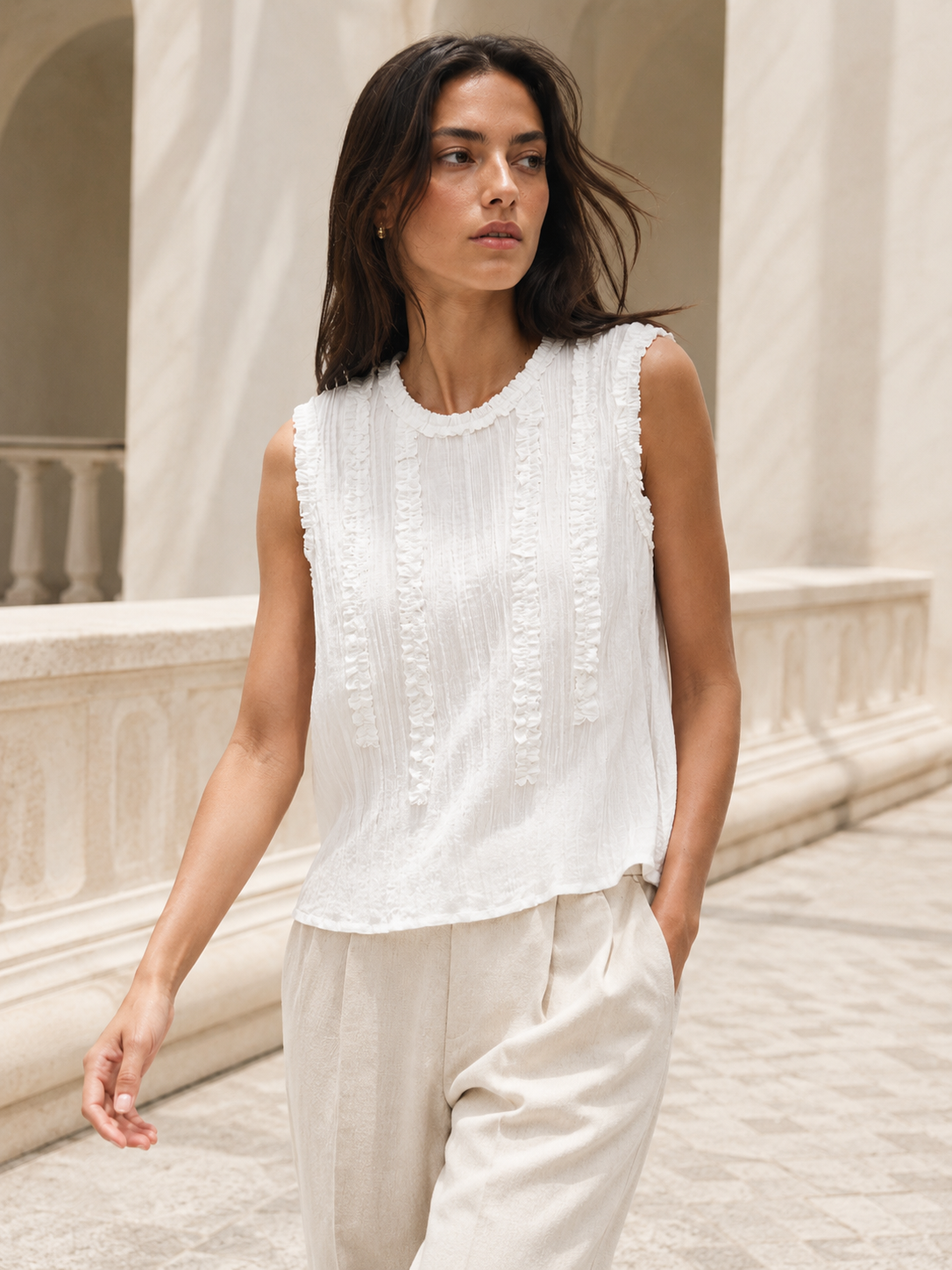 Textured Raw Edge Ruched Sleeveless A-line Tank Blouse