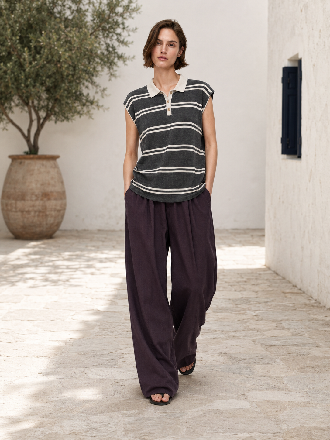 Color Contrast Polo Collar Horizontal Stripe Sleeveless Knit Waistcoat
