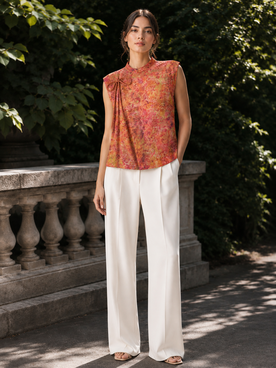 New Chinese-Style Jacquard Sleeveless Vest with Side-Tie Closure, Traditional Chinese-Inspired Top