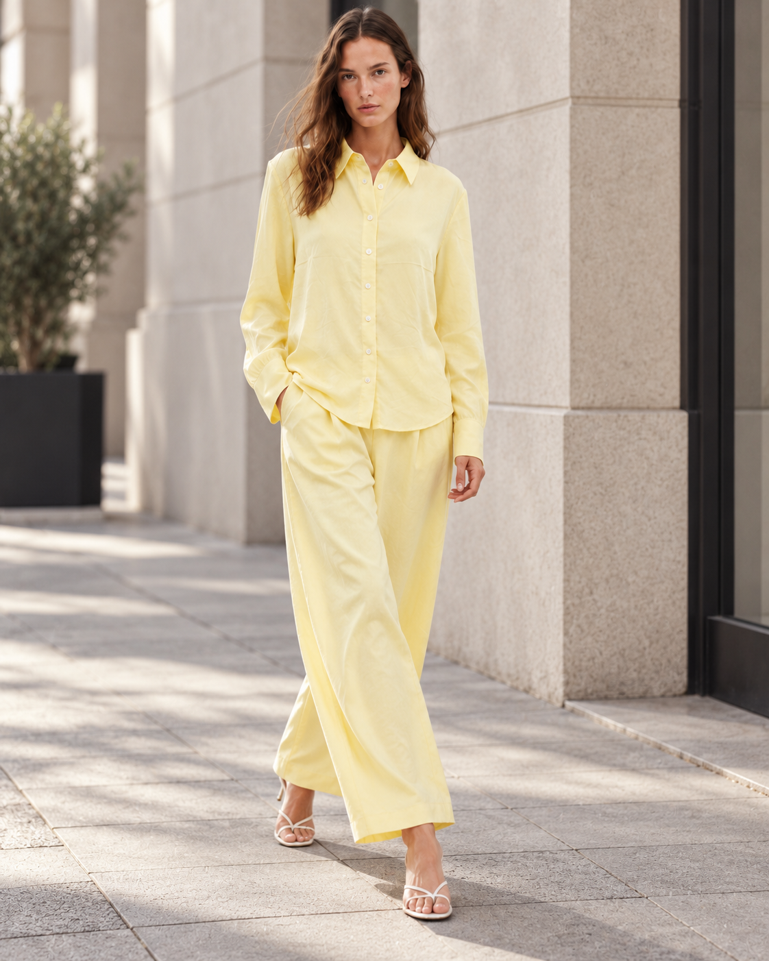 Butter Yellow Relaxed Button-Up Shirt with Wide-Leg Pants, Effortless Two-Piece Set