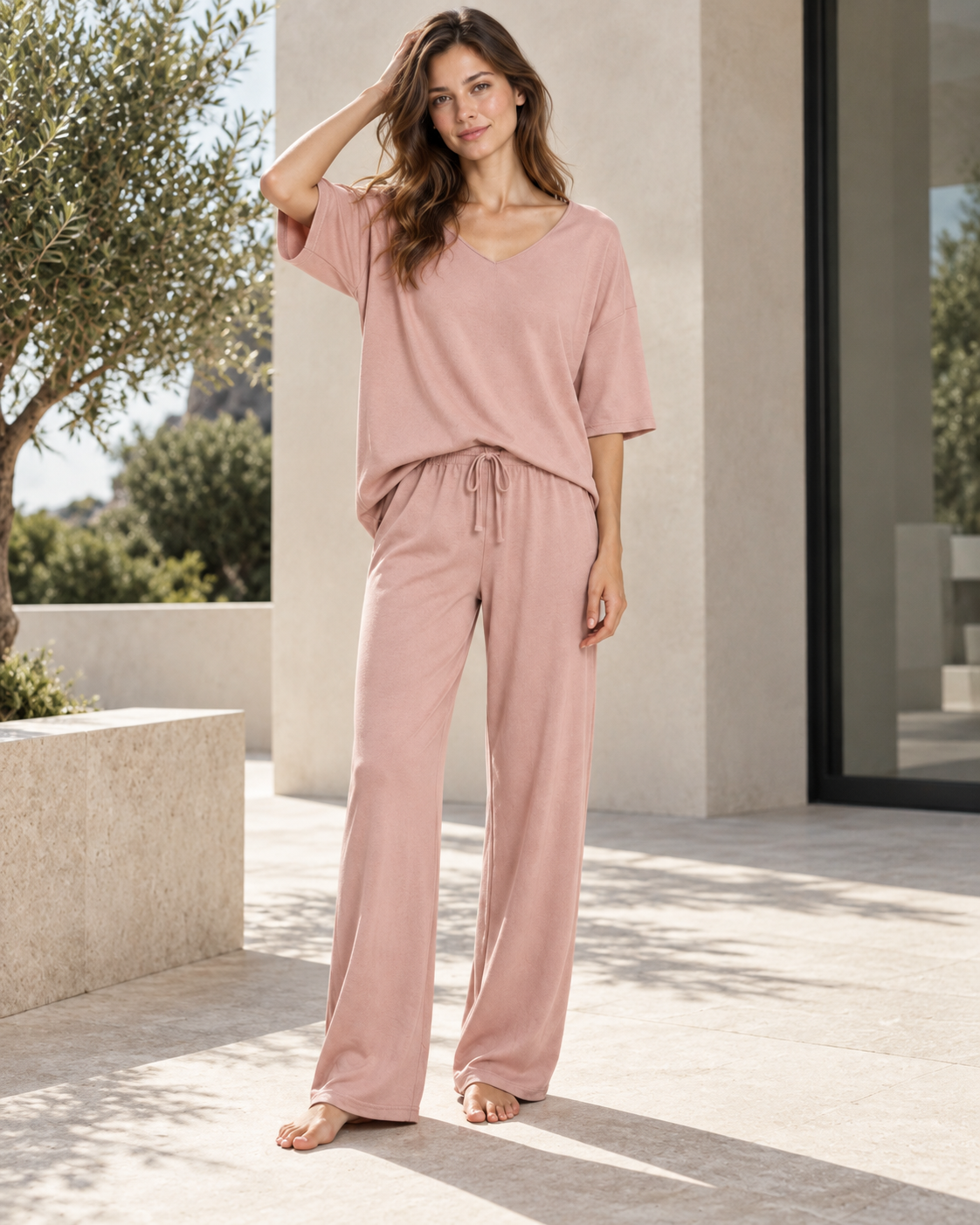 Dusty Rose Relaxed V-Neck Top with Fluid Wide-Leg Pants