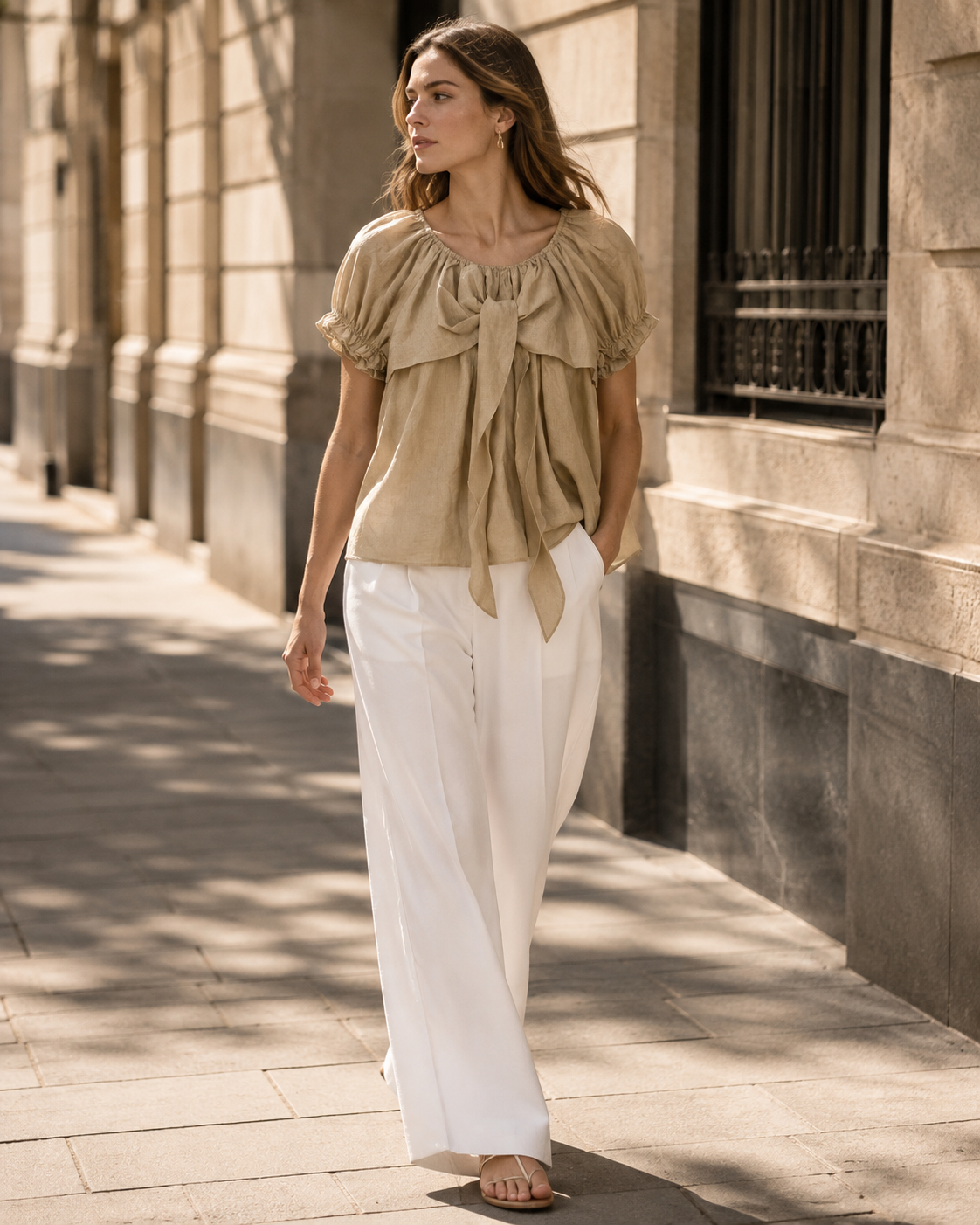Women's Bow Accent Puff Short‑Sleeve Blouse